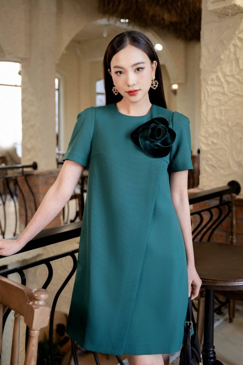 Sixdo Mallard Green Mini Raw Dress With Flower
